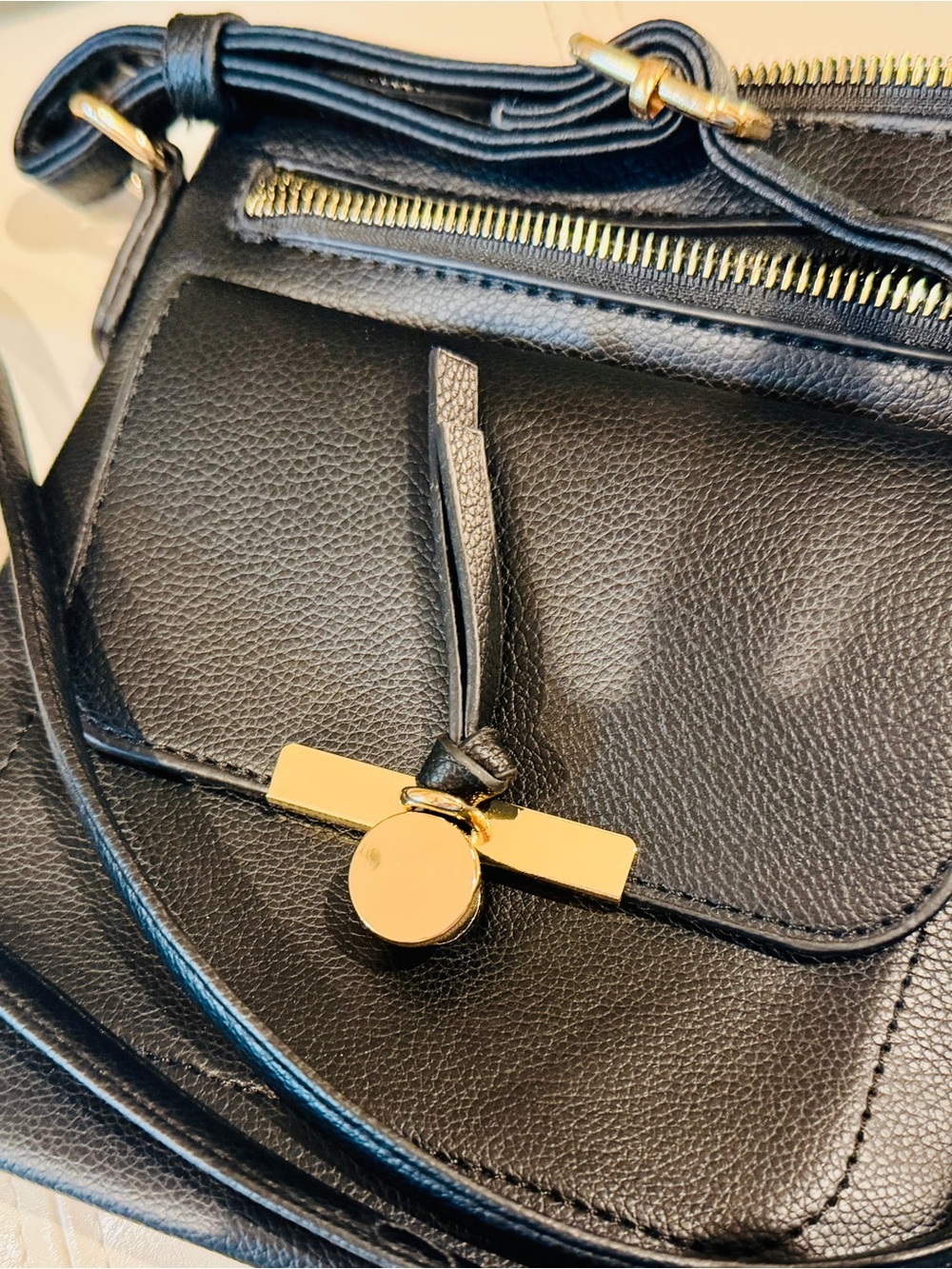 Black Leather Crossbody with Gold-Tone Accent